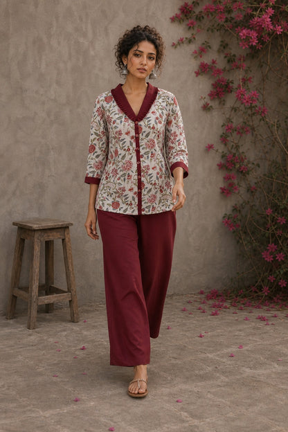 Soft white floral cotton top finished with maroon cuffs, pleated collar, and delicate feminine elegance.