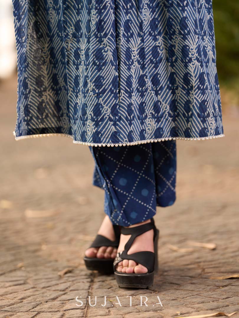Indigo Printed Kurta with Statement Neck Patch, Flowing Gathers and Pearl Embellished Sleeves