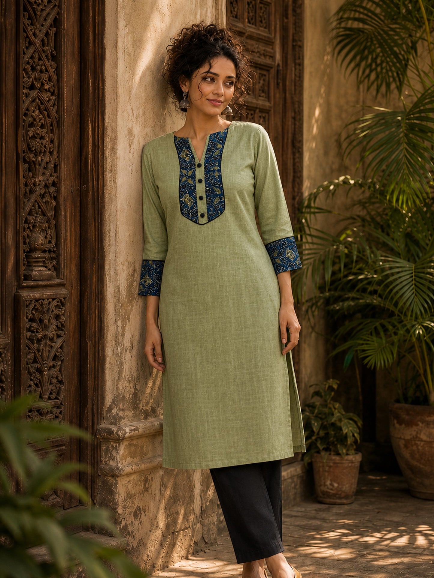 Sage Green Cotton Kurta with Ajrakh Yoke Panel & Matching Cuff Band