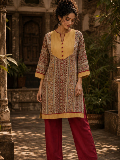 Mustard Geometric Print Short Kurta with Pin-Tucked Yoke & Contrast Maroon Button Detail