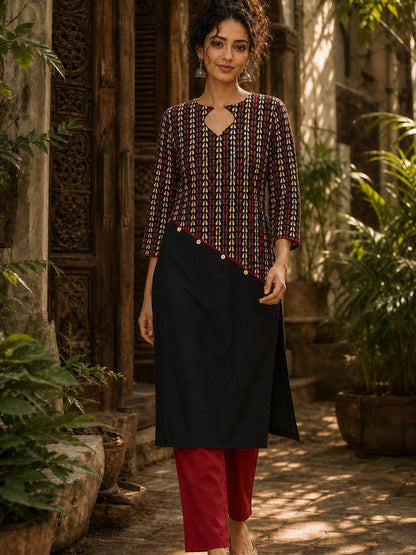 Black Cotton Kurta with Ajrakh Printed Asymmetrical Panel and Coin Detailing