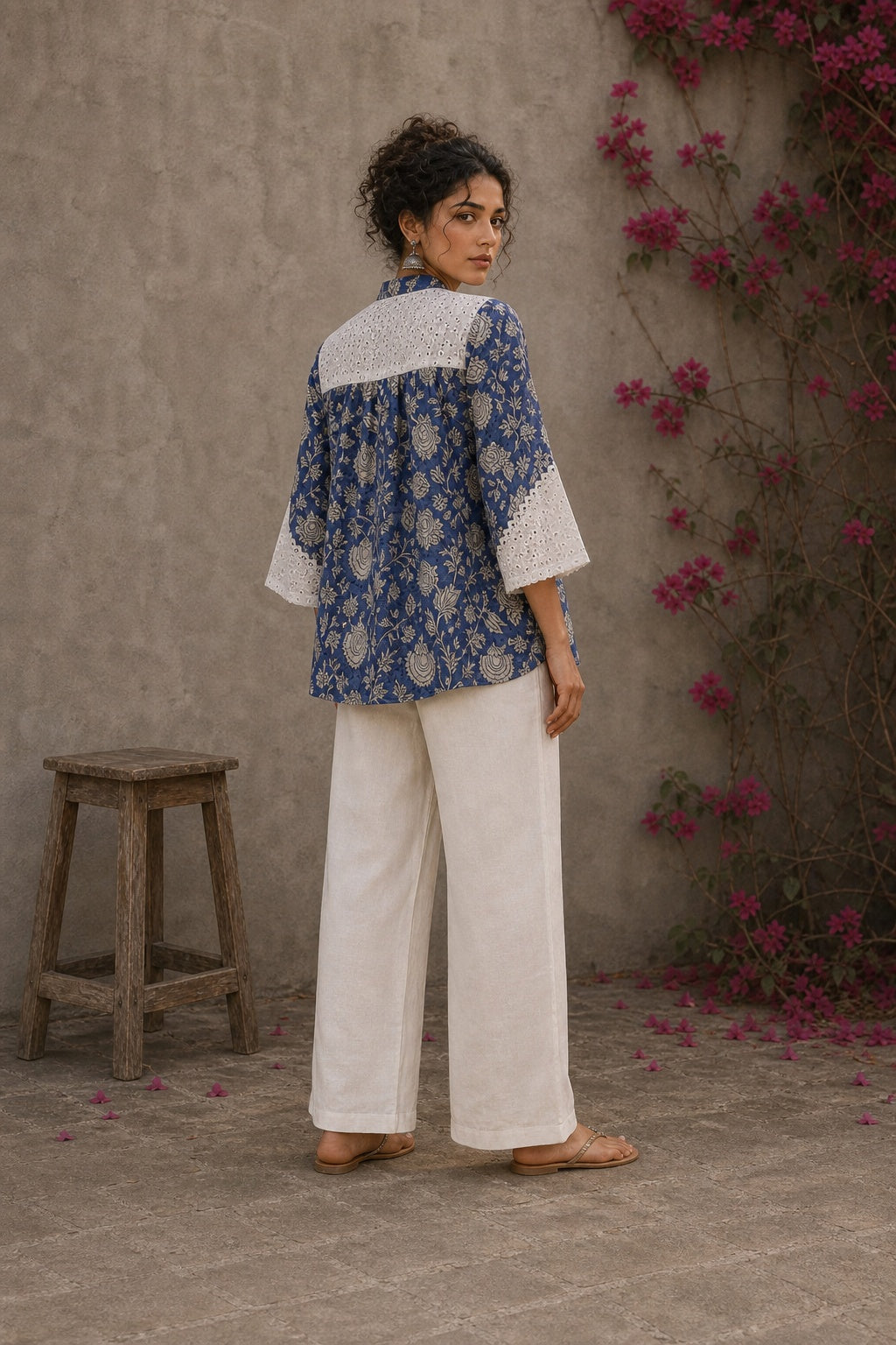 Blue floral Jaipur-printed top with statement hakoba panels and delicate white lace accents.