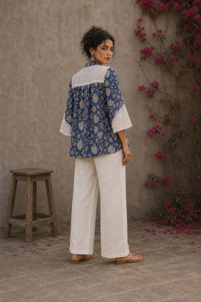 Blue floral Jaipur-printed top with statement hakoba panels and delicate white lace accents.