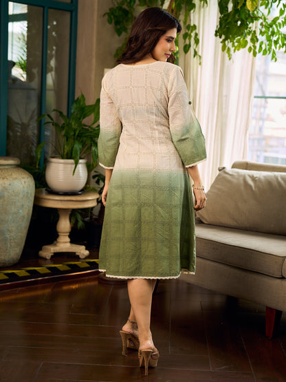 Serene ivory and sage green ombré overlap hakoba dress with olive button accents.