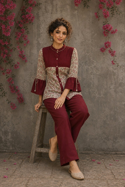 Graceful Jaipur printed floral shirt with maroon pintuck detailing, drawstring sleeves, and effortless feminine charm.