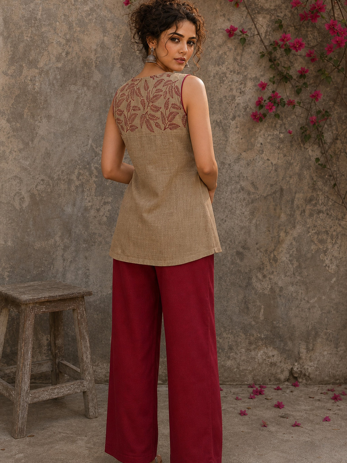 Sophisticated beige waist coat top showcasing refined leaf block print motifs, a polished button-down front, and elegant red piping for artisanal style. - Pant Optional