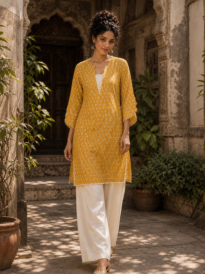 Radiant Mustard All-Over Booti Print Viscose Short Kurta with Pearl Studded Neckline & Hakoba Yoke