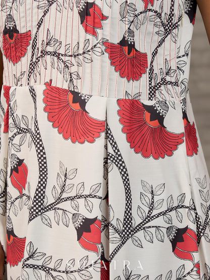White and orange Kalamkari printed dress with elegant pintuck detailing