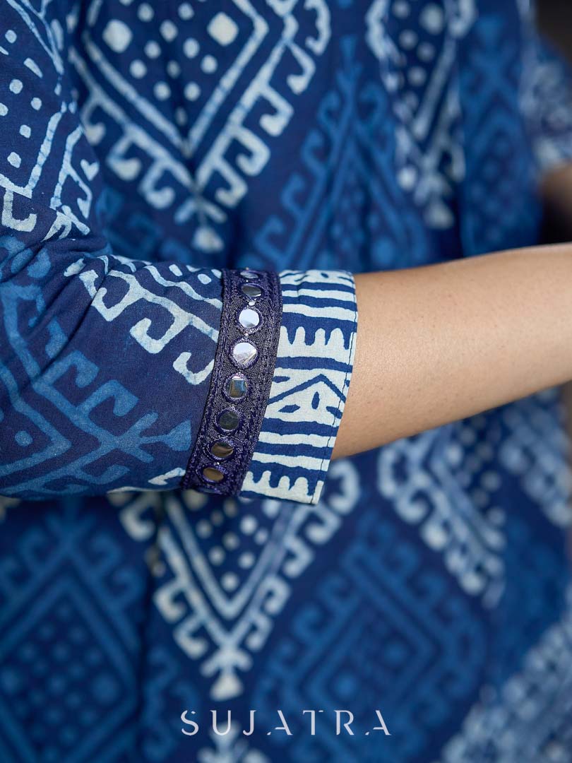 Deep Indigo Abstract Kurta Featuring Diamond Prints, Blue Mirror Lace Accents and Soft Front Gathers - Pant Optional