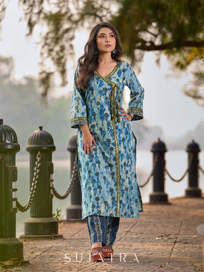 Angarkha-Style Indigo & Olive Kurta with Olive Mirror Detailing and Dori Tie-Up