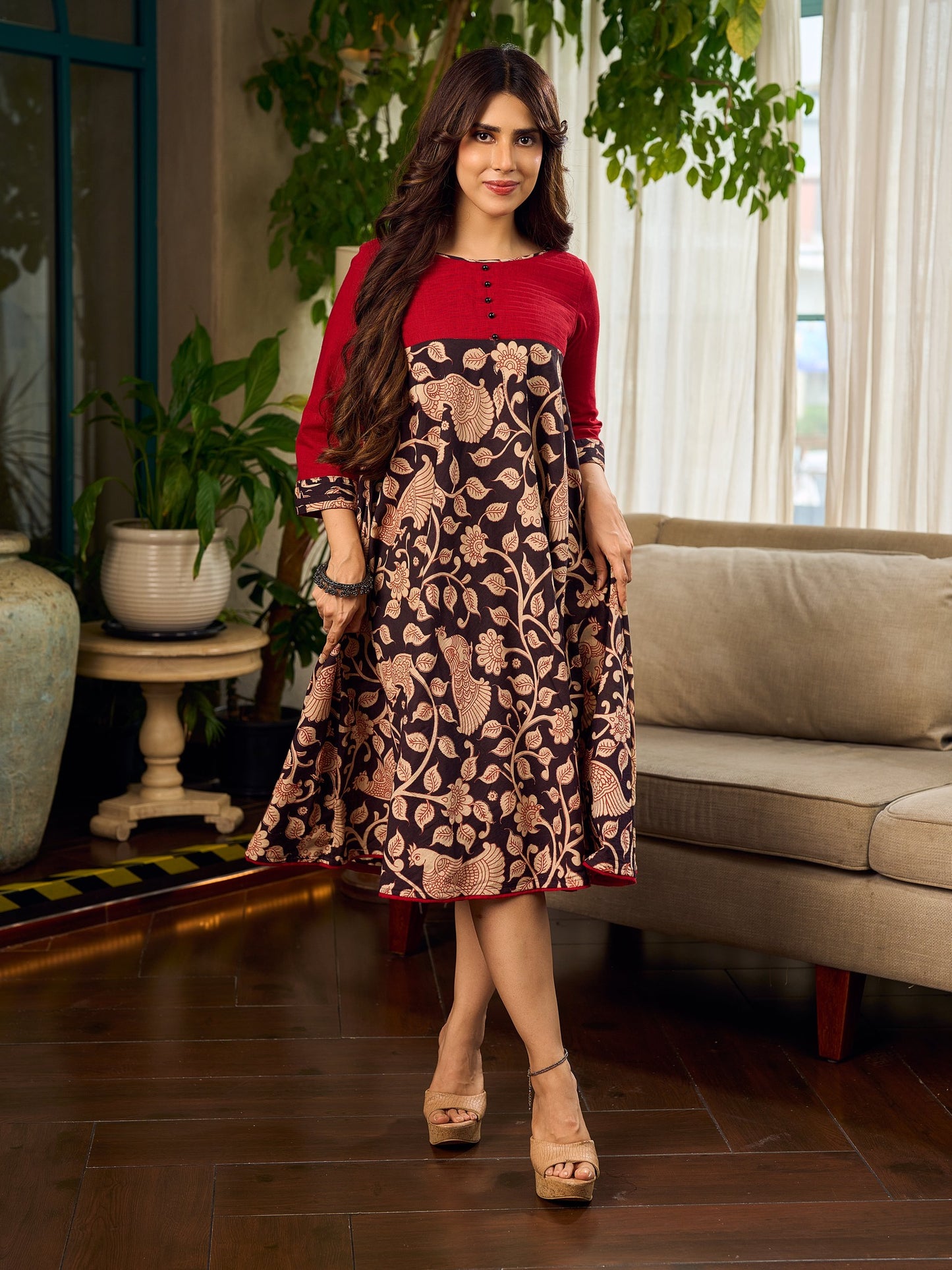 Black and Maroon Elegant Kalamkari Dress with pintuck detailing and flowing bias-cut silhouette.