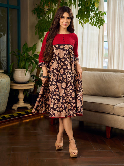 Black and Maroon Elegant Kalamkari Dress with pintuck detailing and flowing bias-cut silhouette.