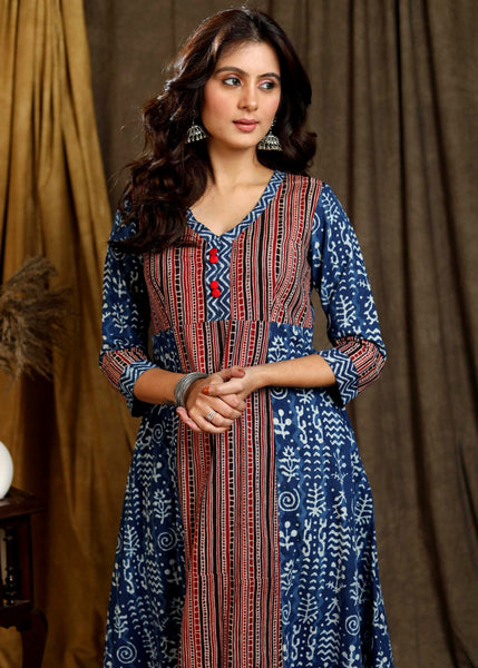 Beautiful Cotton Indigo A -Line Kurta with Striped Ajrakh Combination - Pant Optional