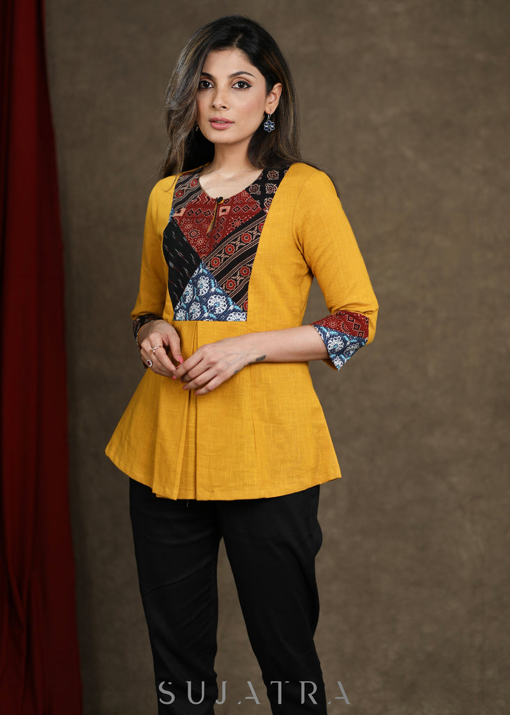 Mustard Cotton Top with Ajrakh Patchwork Yoke