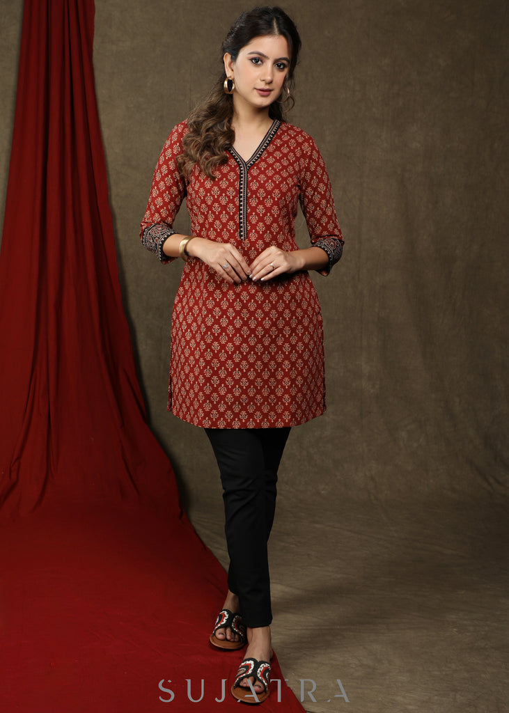 Beautiful maroon cotton ajrakh tunic with combination sleeves