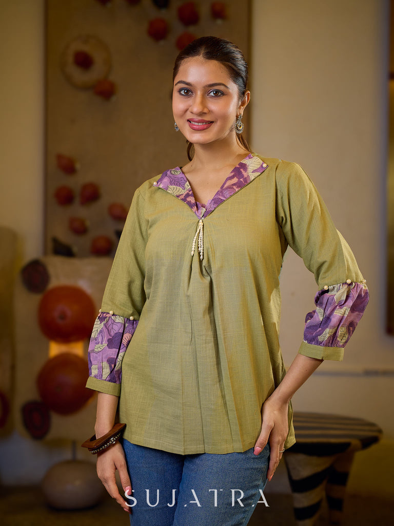 Sophisticated Sage Green Box Pleated Cotton Top with Contrasting Print Collar and Sleeves featuring Delicate Pearl Embellishments