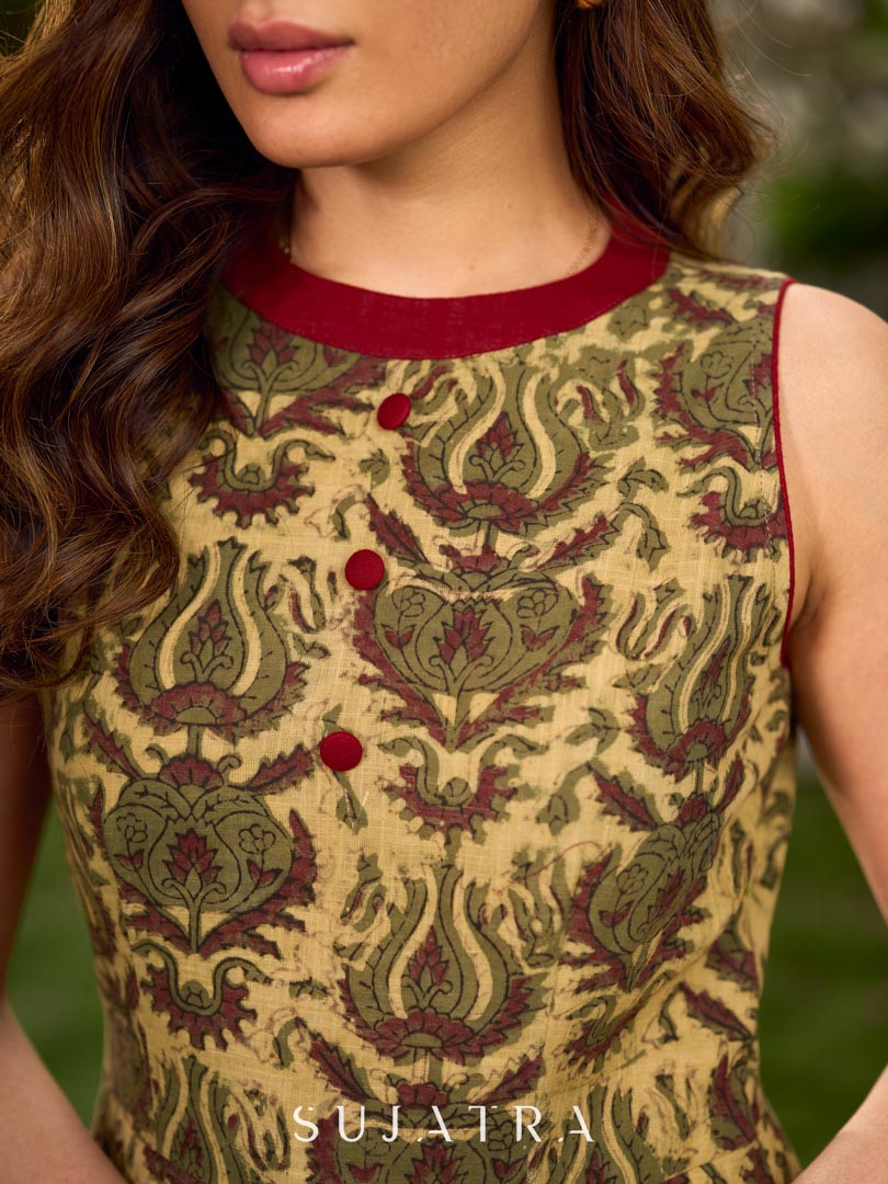 Graceful natural-printed halter dress elevated with subtle maroon highlights.