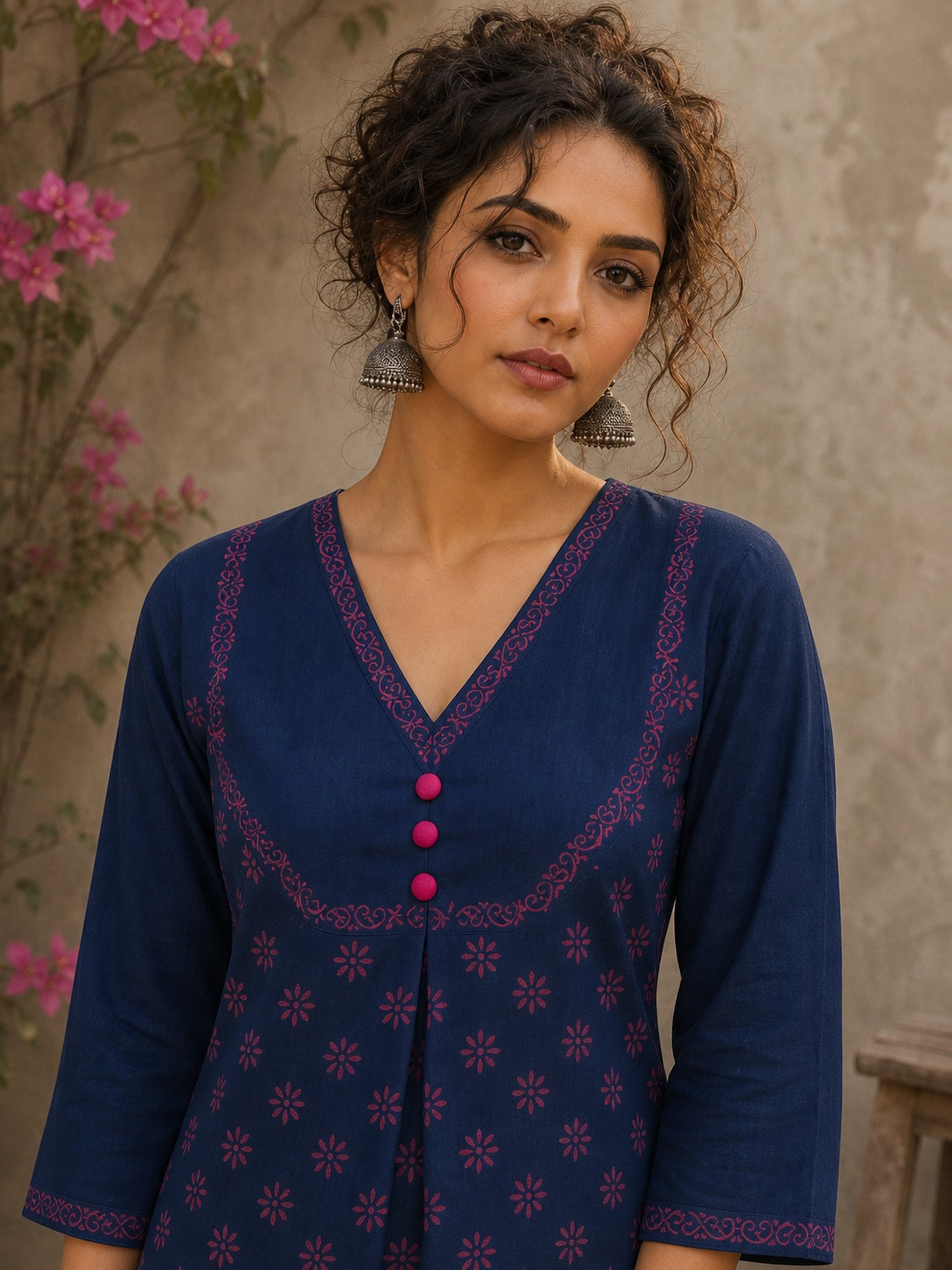 Vibrant navy blue and pink hand block print top features bell sleeves, floral detailing, and rich navy hues for effortless everyday charm.