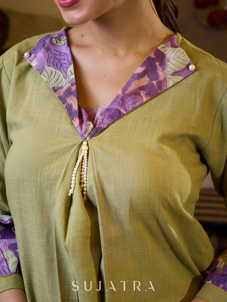 Sophisticated Sage Green Box Pleated Cotton Top with Contrasting Print Collar and Sleeves featuring Delicate Pearl Embellishments