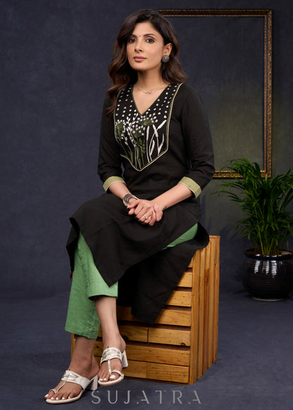 Classic-Black-Cotton-Straight-Cut-Kurta-With-Beautiful-Floral-Embroidered-Yoke--Pant-Optional