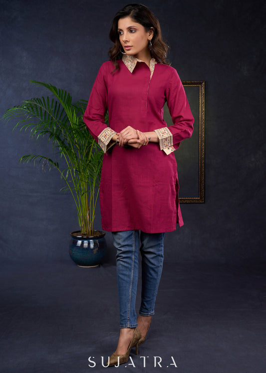 Magenta Cotton Tunic With Unique Madhubani Print Collar.