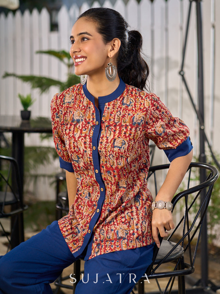 Maroon Handcrafted Kalamkari Print Cotton Shirt with Blue Highlights