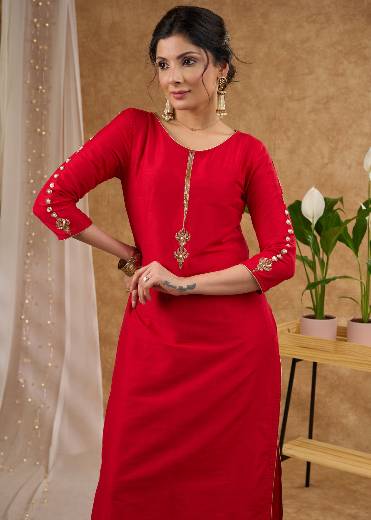 Stunning red cotton silk kurta adorned with intricate hand embroidery Pant optional