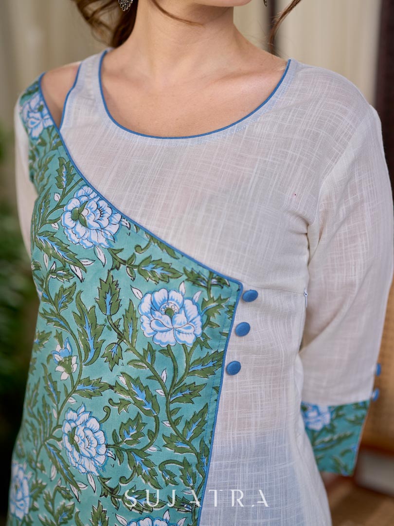 Breezy White Cotton Kurta with Green Floral Hand Block Print Asymmetric Panel and Cold Shoulder Accent