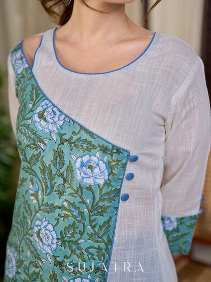 Breezy White Cotton Kurta with Green Floral Hand Block Print Asymmetric Panel and Cold Shoulder Accent