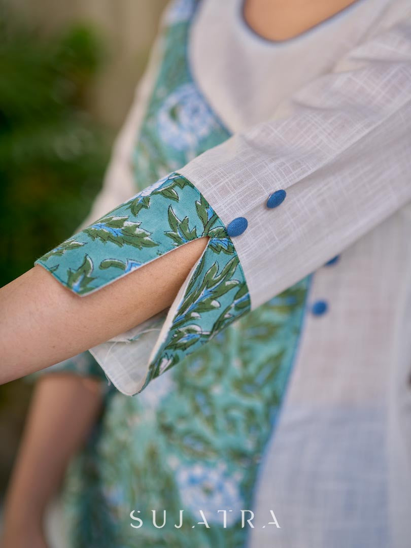Breezy White Cotton Kurta with Green Floral Hand Block Print Asymmetric Panel and Cold Shoulder Accent