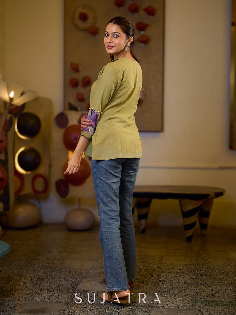 Sophisticated Sage Green Box Pleated Cotton Top with Contrasting Print Collar and Sleeves featuring Delicate Pearl Embellishments