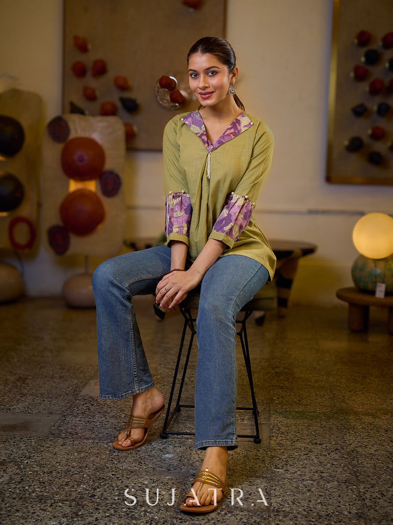 Sophisticated Sage Green Box Pleated Cotton Top with Contrasting Print Collar and Sleeves featuring Delicate Pearl Embellishments