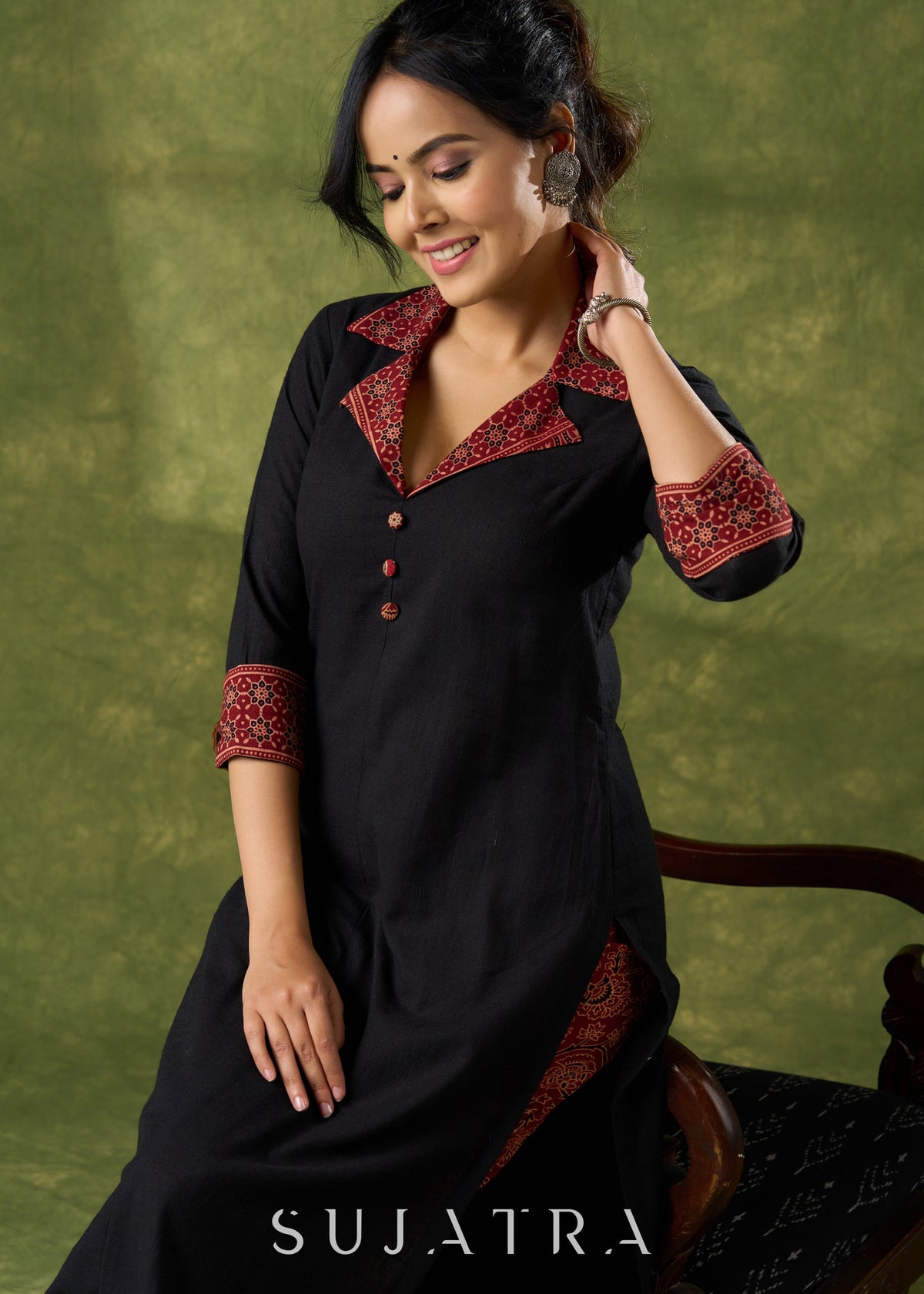 Dussehra Sale — Smart Black Cotton Ajrakh Collared Kurta - Pant Optional