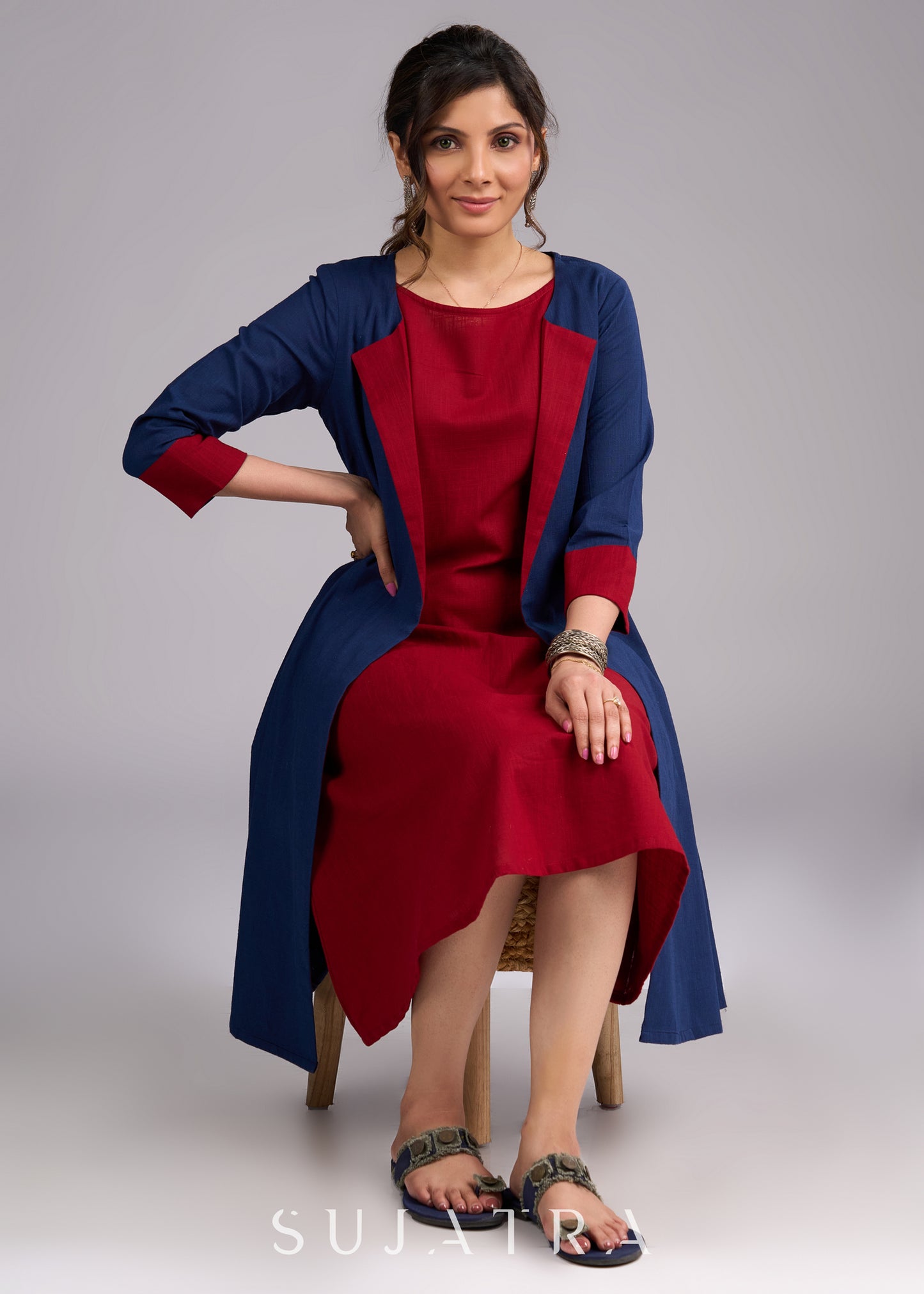 Azure Elegance Long Cotton Blazer Jacket - Dress optional