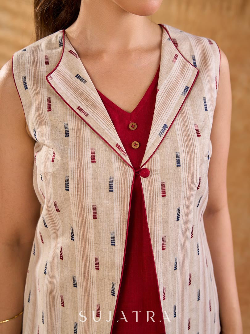 Ivory Handloom Jacquard Cotton Sleeveless Longline Jacket with Lapel Collar