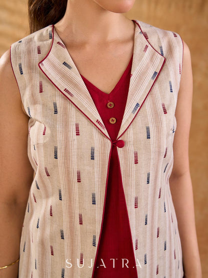 Ivory Handloom Jacquard Cotton Sleeveless Longline Jacket with Lapel Collar