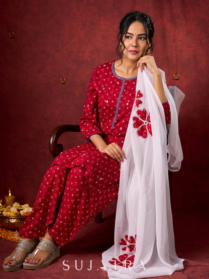 Hand-Embroidered Rayon Bandhani Kurta  - Salwar n applique dupatta optional.