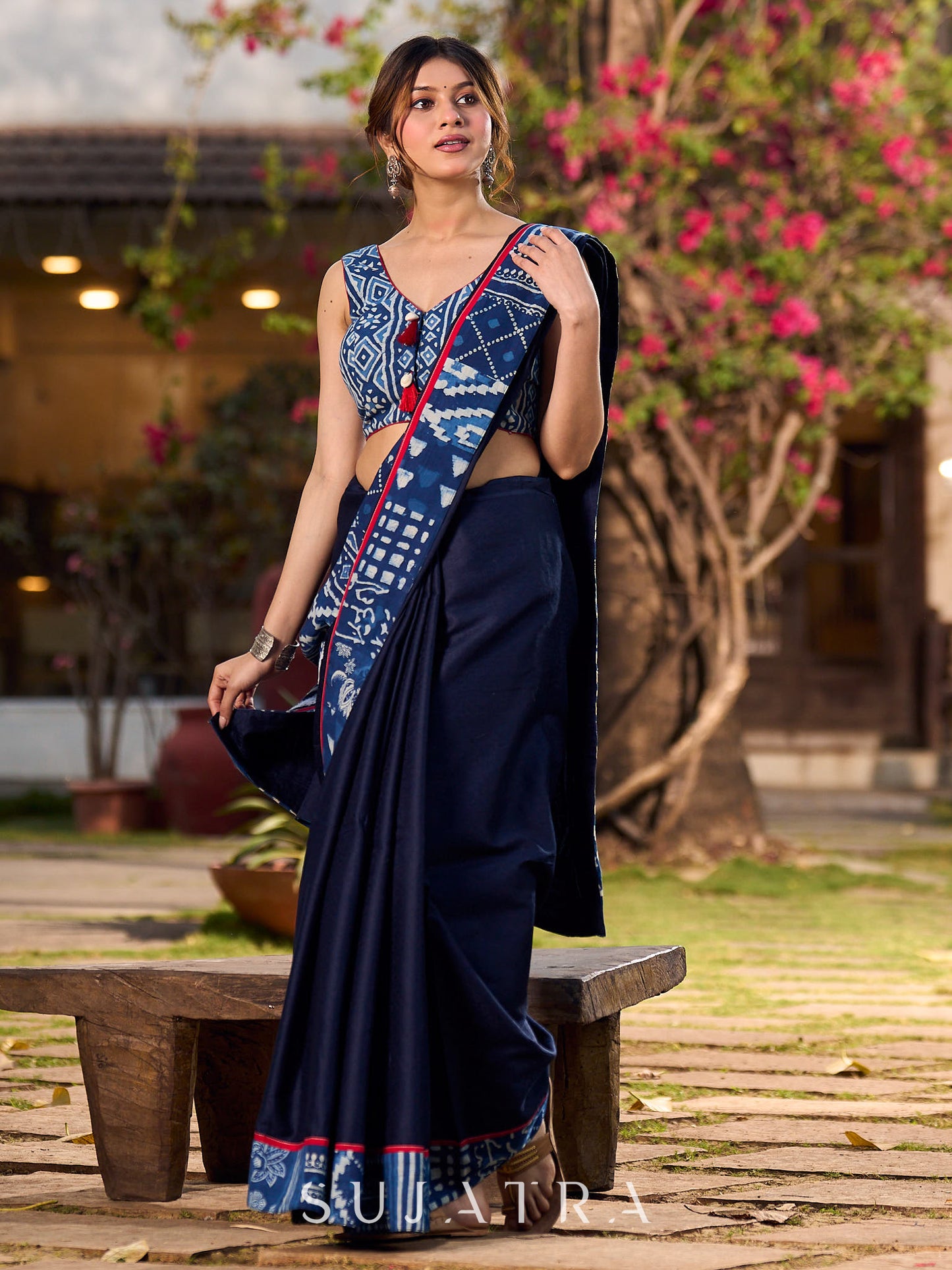 Navy Blue Jacquard Cotton Saree with Indigo Contrast Patchwork Border