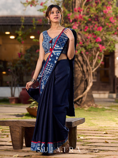 Navy Blue Jacquard Cotton Saree with Indigo Contrast Patchwork Border
