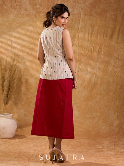 Ivory Handloom Jacquard Cotton Sleeveless Longline Jacket with Lapel Collar
