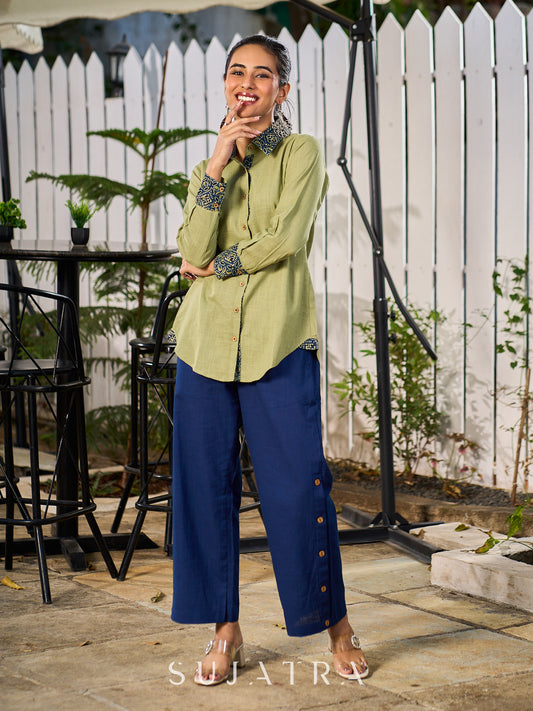 Sage Green Cotton Shirt Accented With Traditional Ajrakh Prints