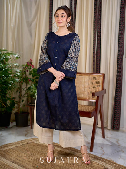 Dussehra Sale — Striking Navy Blue Jacquard Cotton Straight Kurta with Kalamkari Sleeves and Button Detail