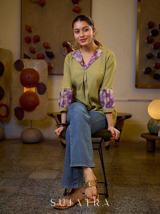 Sophisticated Sage Green Box Pleated Cotton Top with Contrasting Print Collar and Sleeves featuring Delicate Pearl Embellishments