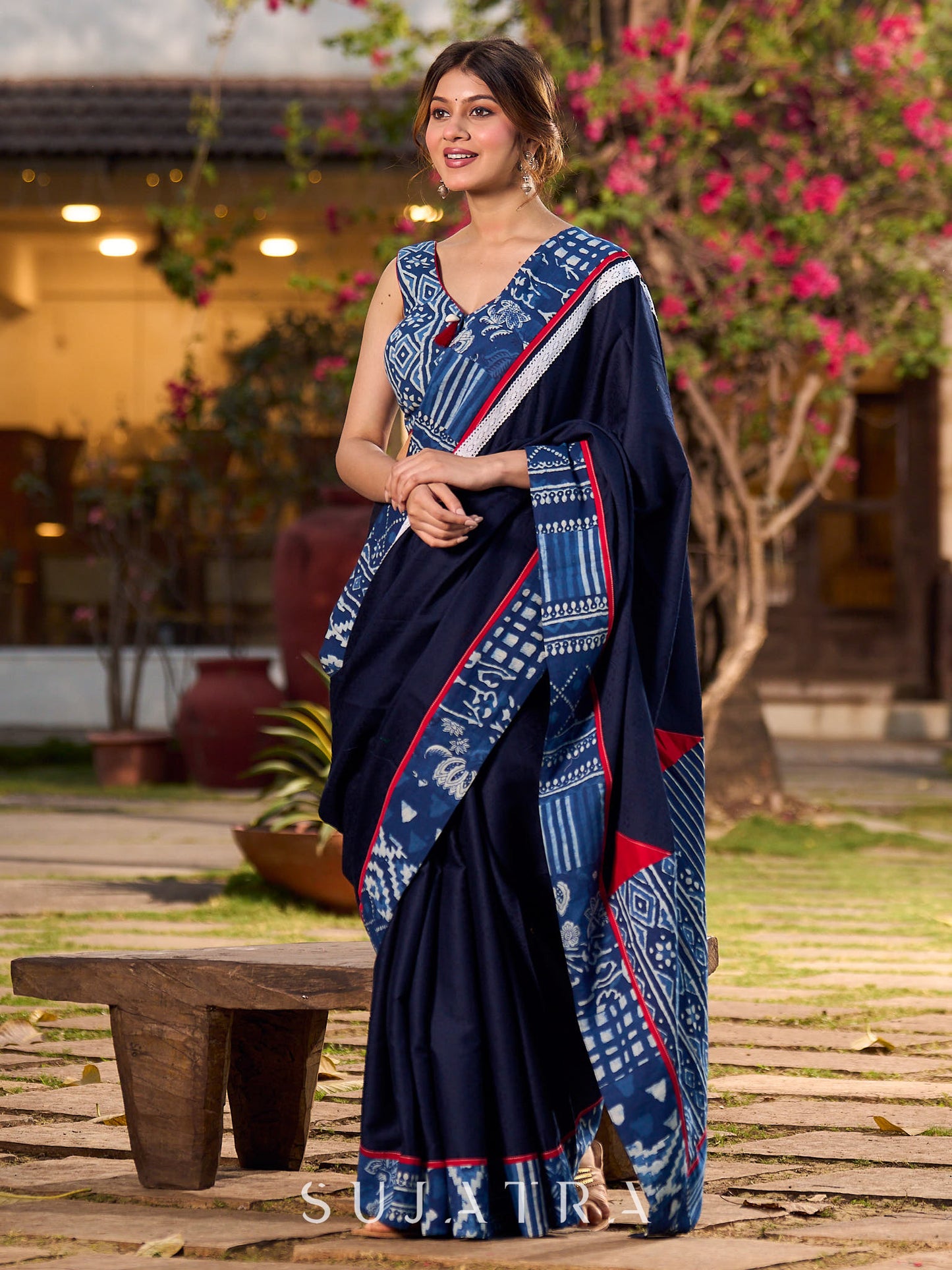 Navy Blue Jacquard Cotton Saree with Indigo Contrast Patchwork Border