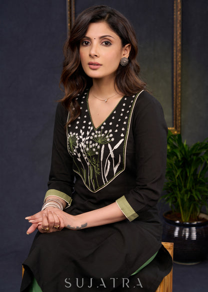 Classic-Black-Cotton-Straight-Cut-Kurta-With-Beautiful-Floral-Embroidered-Yoke--Pant-Optional