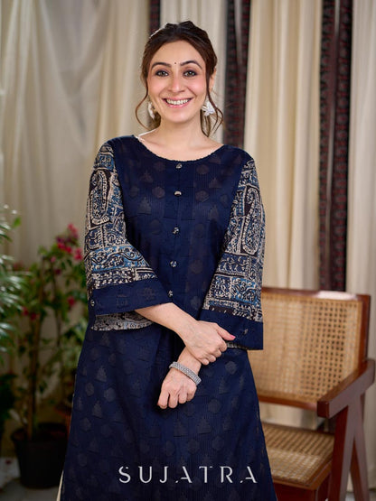 Dussehra Sale — Striking Navy Blue Jacquard Cotton Straight Kurta with Kalamkari Sleeves and Button Detail