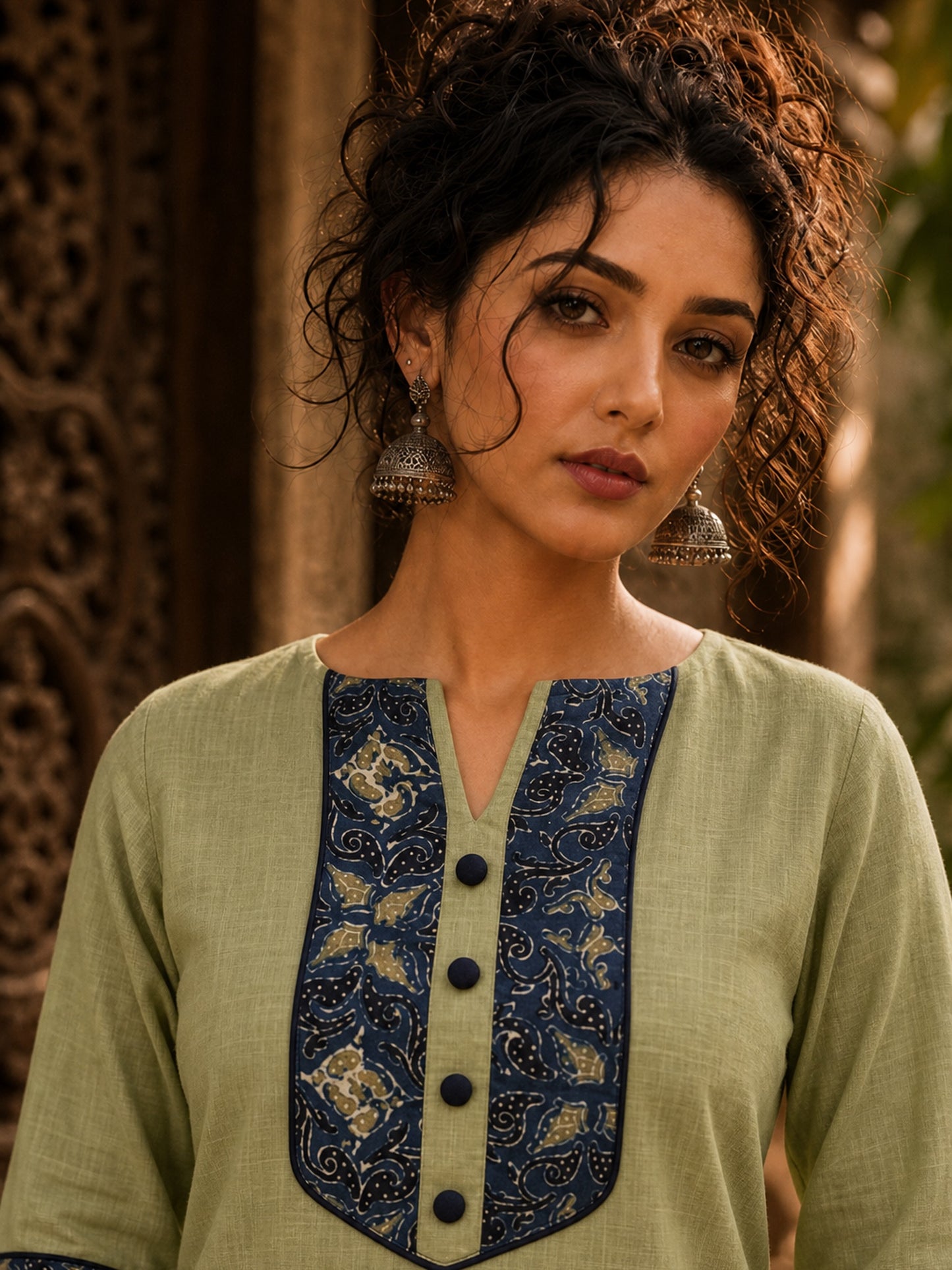 Sage Green Cotton Kurta with Ajrakh Yoke Panel & Matching Cuff Band
