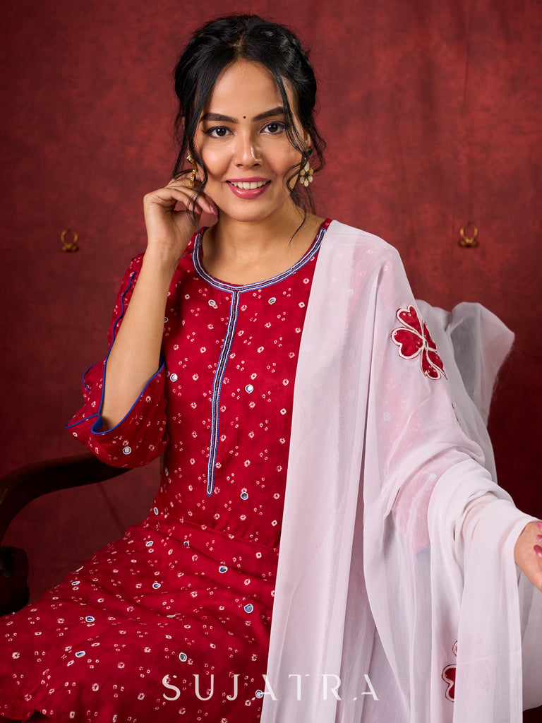 Hand-Embroidered Rayon Bandhani Kurta  - Salwar n applique dupatta optional.