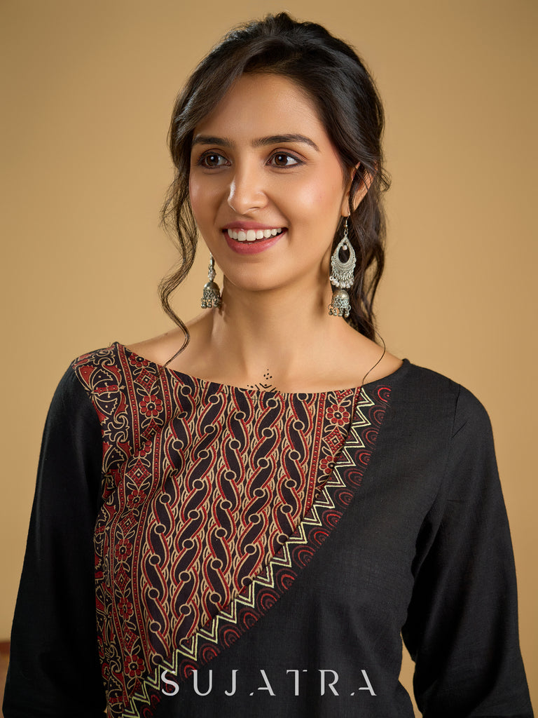 Graceful hand painted cotton ajrakh combination black top - Pant optional