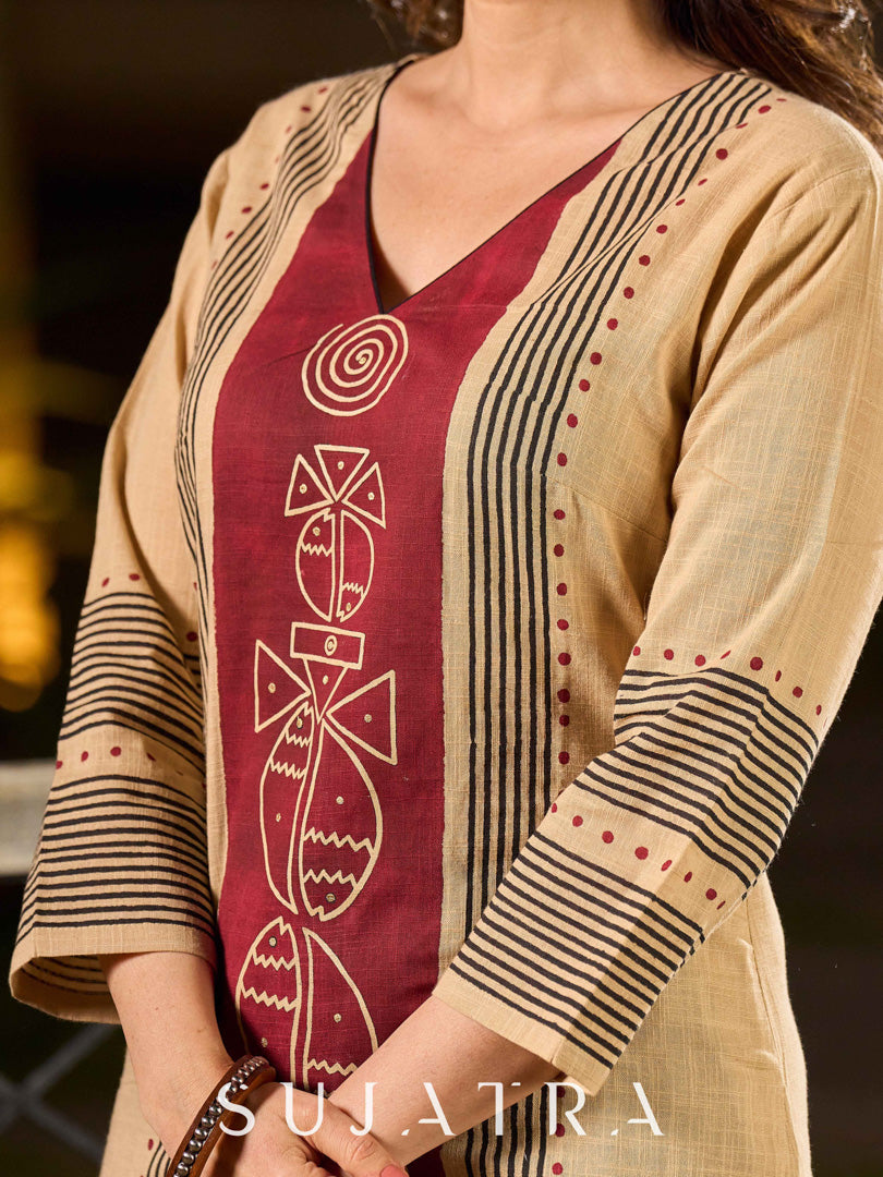 Artisan Beige Hand Block Printed Kurta With Bold Maroon Tribal Printed Panel